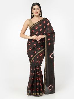 KISHORI - Women Silk Bandhani and Zari Weaving Saree with Unstitched Blouse - Black