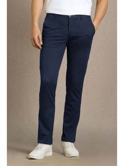 Louis Philippe - Men Navy Blue Solid Flat Front Casual Trouser