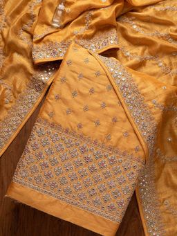 Koskii - Yellow Mirrorwork Raw Silk Unstitched Salwar Suit (Set of Three)