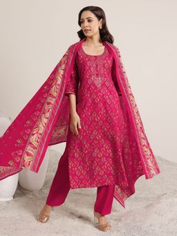 Libas - Pink Tropical Printed Straight Kurta With Pant & Dupatta