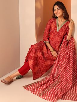 Libas - Red Bandhani Printed Straight Kurta With Pant & Dupatta
