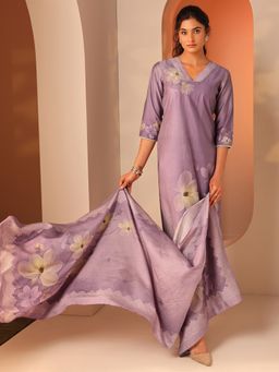 Libas - Lavender Floral Printed Straight Kurta With Pant & Dupatta