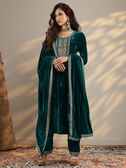 Libas - Teal Floral Embroidered Straight Kurta With Pant & Dupatta