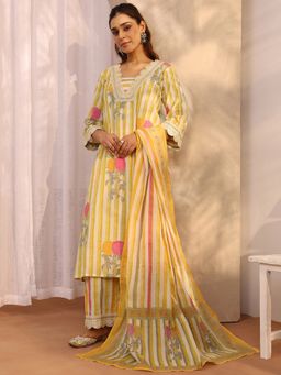 Libas - Yellow Striped Printed A-Line Kurta With Palazzo & Dupatta