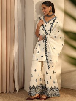 Libas - Off White Floral Embroidered Straight Kurti With Palazzo & Dupatta