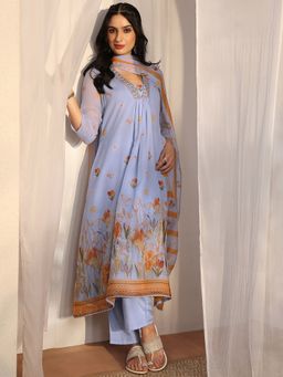 Libas - Blue Floral Printed A-Line Kurta With Pant & Dupatta