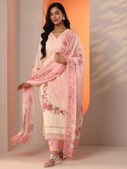 Libas - Off-white Floral Embroidered Straight Schiffli Kurta With Pant & Dupatta