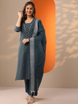 Libas - Teal Woven Design Ethnic Motif Straight Kurta With Pant & Dupatta