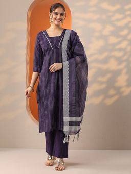 Libas - Purple Woven Design Straight Kurta With Pant & Dupatta