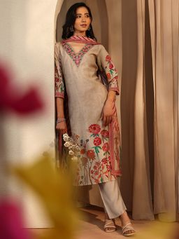 Libas - Beige Floral Printed Straight Kurta With Pant & Dupatta