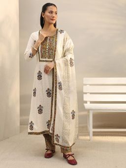 Libas - Off White Paisley Printed Schiffli Kurta With Pant & Dupatta