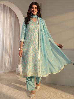Libas - Blue Floral Woven Design Straight Kurta With Pant & Dupatta