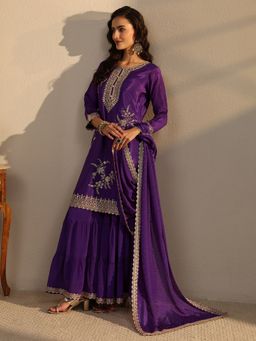 Libas - Purple Floral Zari Embroidered Straight Kurta With Sharara & Dupatta