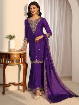 Libas - Purple Floral Zari Embroidered Straight Kurta With Sharara & Dupatta