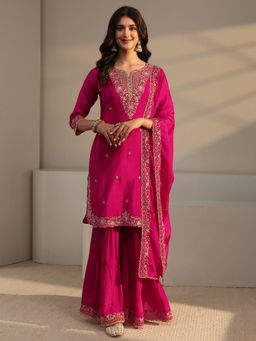 Libas - Pink Floral Zari Embroidered Straight Kurta With Sharara & Dupatta