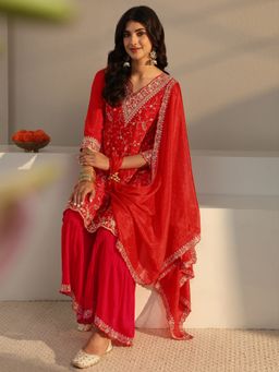 Libas - Red Floral Zari Embroidered Straight Kurta With Sharara & Dupatta