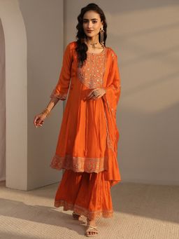 Libas - Orange Floral Yoke Design Anarkali Kurta With Sharara & Dupatta
