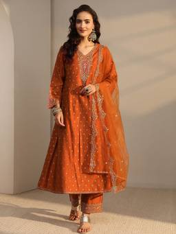 Libas - Rust Floral Motif Woven Design Panelled A-Line Kurta With Pant & Dupatta