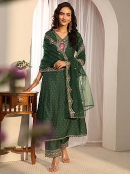 Libas - Green Floral Motif Woven Design Panelled A-Line Kurta With Pant & Dupatta