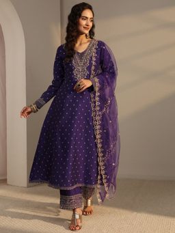 Libas - Purple Floral Motif Woven Design A-Line Kurta With Pant & Dupatta