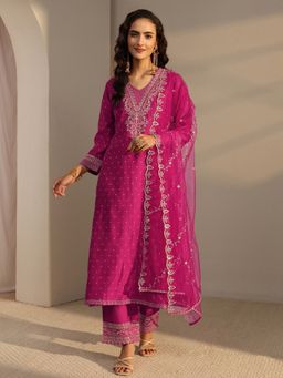 Libas - Pink Floral Motif Woven Design A-Line Kurta With Pant & Dupatta