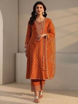 Libas - Rust Floral Motif Woven Design A-Line Kurta With Pant & Dupatta