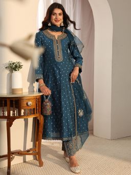 Libas - Teal Ethnic Motif Zari Woven Design Anarkali Kurta With Pant & Dupatta