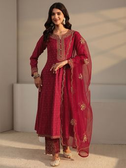 Libas - Red Ethnic Motif Zari Woven Design Anarkali Kurta With Pant & Dupatta