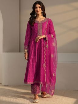Libas - Pink Ethnic Motif Zari Woven Design Anarkali Kurta With Pant & Dupatta