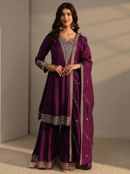 Libas - Purple Floral Zari Woven Design Anarkali Kurta With Sharara & Dupatta