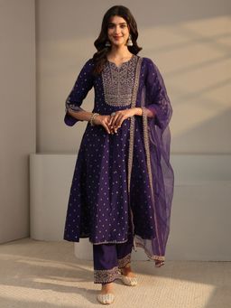 Libas - Purple Ethnic Motif Woven Design Anarkali Kurta With Pant & Dupatta