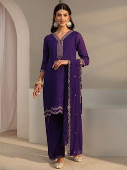 Libas - Purple Floral Zari Embroidered Straight Kurta With Palazzo & Dupatta