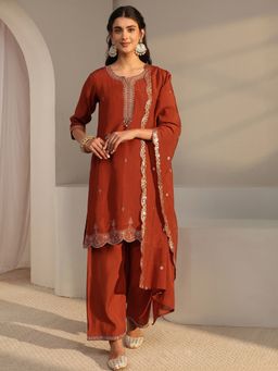 Libas - Rust Floral Zari Embroidered Straight Kurta With Palazzo & Dupatta