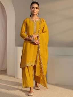 Libas - Mustard Floral Zari Embroidered Straight Kurta With Palazzo & Dupatta
