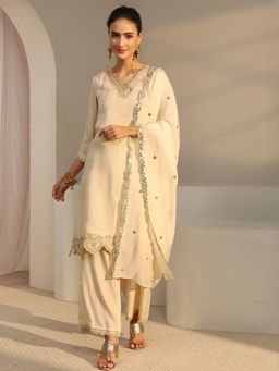 Libas - Off White Sequins And Zari Embellished Straight Kurta With Palazzo & Dupatta