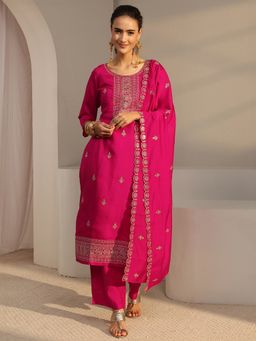 Libas - Pink Floral Zari Embroidered Straight Kurta With Palazzo & Dupatta