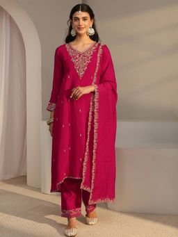 Libas - Pink Floral Zari Embroidered A-Line Panelled Kurta With Pant & Dupatta