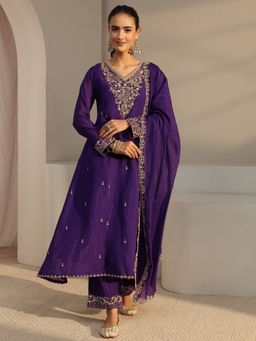 Libas - Purple Floral Zari Embroidered A-Line Kurta With Pant & Dupatta
