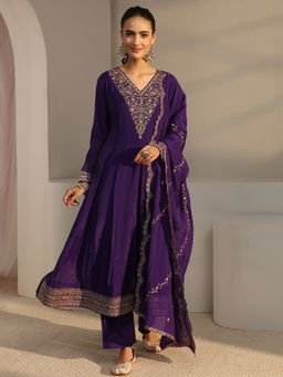 Libas - Purple Floral Zari Embroidery Yoke Design A-Line Kurta With Pant & Dupatta