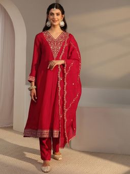 Libas - Red Floral Zari Embroidery Yoke Design A-Line Panelled Kurta With Pant & Dupatta