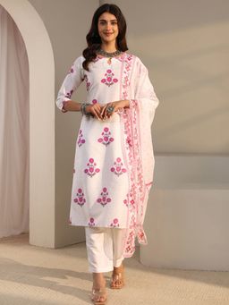 Libas - White Floral Printed Straight Kurta With Pant & Dupatta