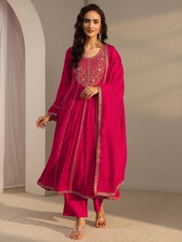 Libas - Red Floral Zari Embroidered Panelled A-Line Kurta With Pant & Dupatta
