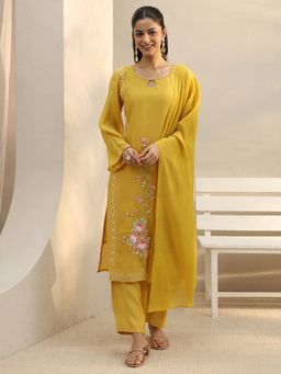 Libas - Mustard Floral Embroidered Straight Kurta With Pant & Dupatta