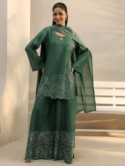 Libas - Green Floral Embroidered A-Line Short Kurta With Palazzo & Dupatta