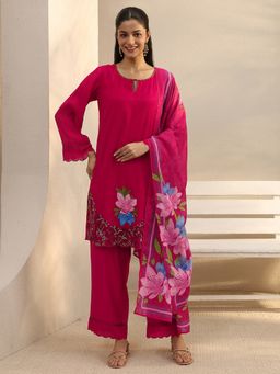 Libas - Pink Floral Embroidered Straight Kurta With Pant & Dupatta