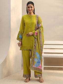 Libas - Green Solid Straight Kurta With Pant & Dupatta