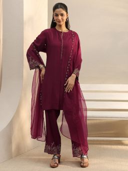 Libas - Maroon Solid Straight Kurta With Pant & Dupatta