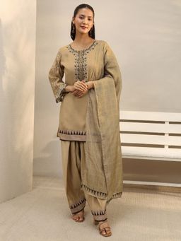 Libas - Beige Floral Yoke Design Short Kurta With Salwar & Dupatta