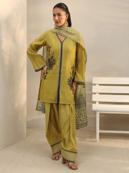 Libas - Mustard Floral Embroidered Straight Short Kurta With Salwar & Dupatta