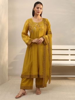 Libas - Mustard Floral Yoke Design A-Line Kurta With Pant & Dupatta